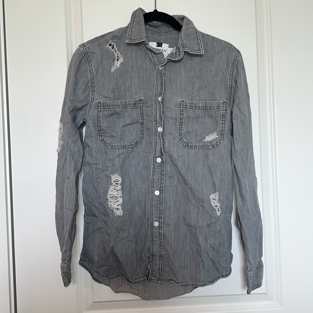 TOPMAN Distressed Gray Denim Button Down MENS Shirt XS